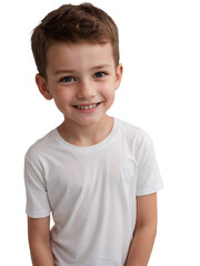 A boy wearing a white shirt smiling and looking at the camera, Happiness concept, isolated, transparent background, no background. PNG.