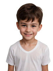 A boy wearing a white shirt smiling and looking at the camera, Happiness concept, isolated, transparent background, no background. PNG.