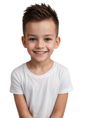 A boy wearing a white shirt smiling and looking at the camera, Happiness concept, isolated, transparent background, no background. PNG.