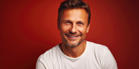 Obraz premium Cute Man in white shirt posing against red background with copy space, looking in camera, smiling