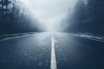 Straight road going through the foggy forest at winter