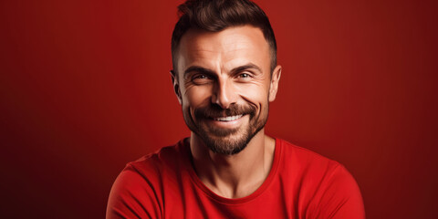 Obraz premium Happy Man in Red T-Shirt Posing against Red Background with copy space