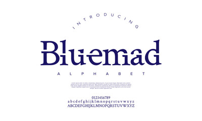 Bluemad creative modern urban alphabet font. Digital abstract moslem, futuristic, fashion, sport, minimal technology typography. Simple numeric vector illustration