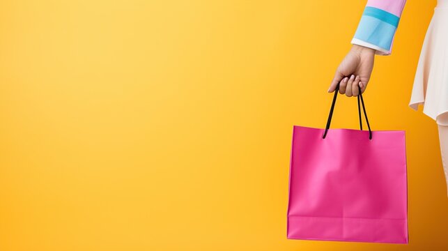Hand holding pink shopping bag isolated on yellow background. AI generated image
