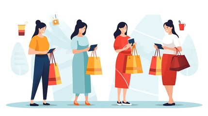 Many woman carrying shopping bags after going shopping on white background. AI generated