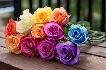 Bunch of multi colored roses on wooden planks, happy birthday lying on planks.