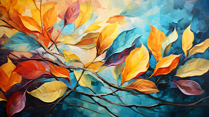 Colorful leaves painting art abstract background. wallpapers, posters, cards, murals, rugs, hangings paint. generative ai