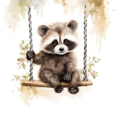 Cute baby raccoon in watercolour style, sitting on swings attached to the tree.