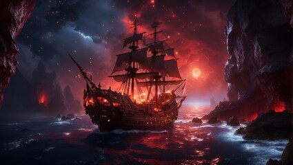 high quality, 8K Ultra HD, high detailed, Crimson Magma Pirate Expedition, Embark on a breathtaking 8K photorealistic wallpaper, where a majestic pirate ship sets sail above the fiery crimson magma of