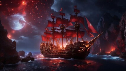 high quality, 8K Ultra HD, high detailed, Crimson Magma Pirate Expedition, Embark on a breathtaking 8K photorealistic wallpaper, where a majestic pirate ship sets sail above the fiery crimson magma of
