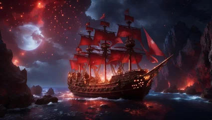 Foto op Canvas high quality, 8K Ultra HD, high detailed, Crimson Magma Pirate Expedition, Embark on a breathtaking 8K photorealistic wallpaper, where a majestic pirate ship sets sail above the fiery crimson magma of © sachal