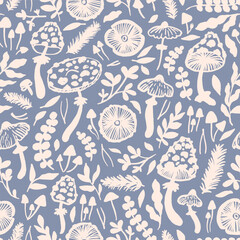 Hand drawn mushrooms seamless vector pattern. Mushroom caps, berries, fir branches, fir needles leaves for printing, fabric, textile, manufacturing, wallpapers.