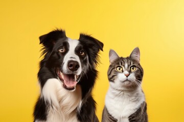 Naklejka na ściany i meble Cat and dog together with happy expressions on yellow background.