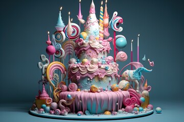 Colorful Surrealist Birthday Cake with Unicorn