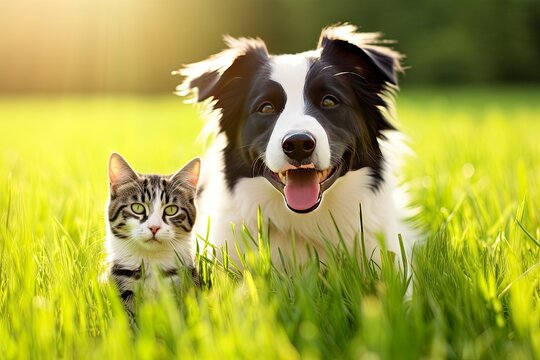 Cat and dog together with happy expressions in a garden.