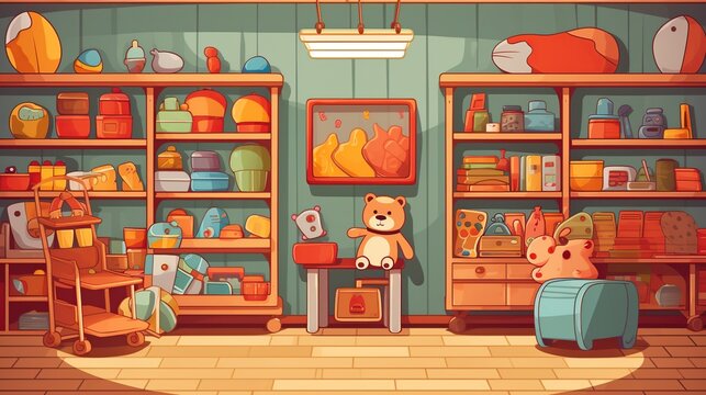 Cartoon of Toy shop with shelves of toys.AI generated image
