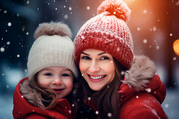 Portrait of a mother and child on a snowy street. Winter atmosphere of a happy family.