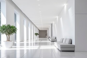 Fototapeta na wymiar Interior design of a modern luxurious white building corridor or hallway with waiting seat.