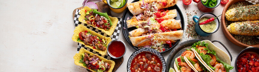 Mexican food, many dishes of the cuisine of Mexico.