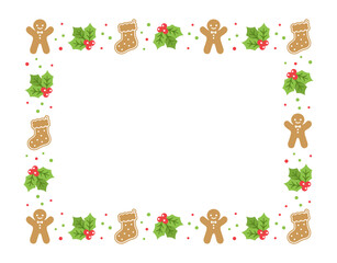 Fototapeta premium Rectangle Gingerbread Cookies Frame Border, Christmas Winter Holiday Graphics. Homemade sweets pattern, card and social media post template on white background. Isolated vector illustration.
