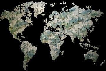 Puzzle pieces form world map indicating globalization. Generative AI