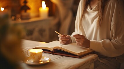 Young woman reading or writing book with coffee cup and light candle. AI generated image