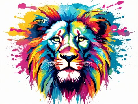 Colorful lion head splash art with white background generative ai