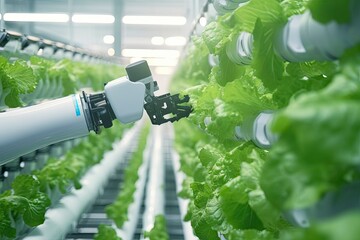 Automatic Agricultural Technology With Close-up View Of Robotic Arm Harvesting Lettuce In Vertical Hydroponic Plant. - obrazy, fototapety, plakaty