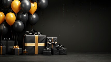 Black Friday sale banner with ballon and gift box space for text.