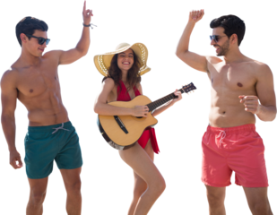 Digital png photo of happy diverse friends in beachwear having fun on transparent background