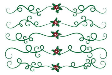Christmas Flourishes Swirls dividers lines Decorative Elements, Vintage Calligraphy Scroll Merry Christmas text divider filigree elegant, Winter Holly headers fancy separator green page decor 