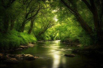 Tranquil river flowing lush forest,. Generative AI