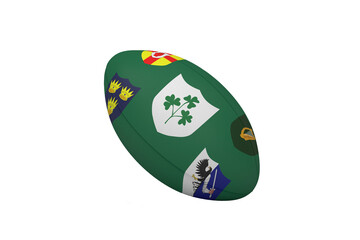 Digital png illustration of green rugby balls with emblems on transparent background