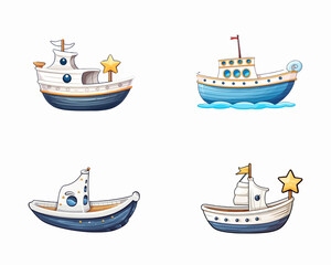 set of happy cute boat watercolor illustrations for printing on baby clothes, pattern, sticker, postcards, print, fabric, and books