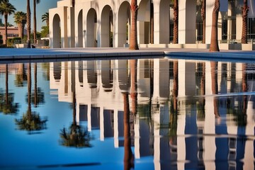 Reflections on pool in San Diego's Martin Luther King Jr. Promenade. Generative AI