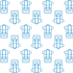Digital png illustration of blue backpacks repeated on transparent background