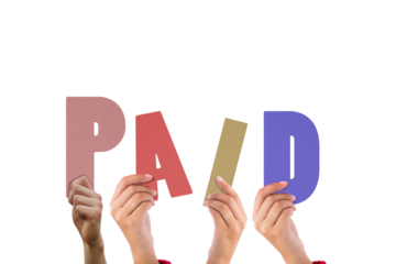 Digital png illustration of hands and paid text on transparent background