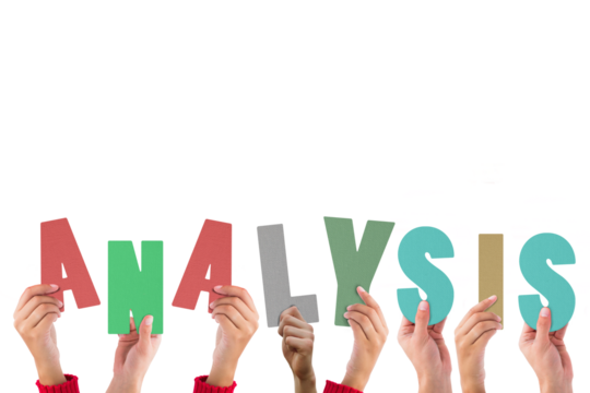 Digital png illustration of hands and analysis text on transparent background - Powered by Adobe