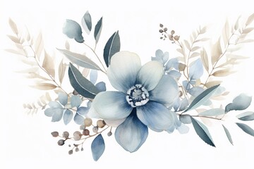 Delicate vintage watercolor design with transparent blue flowers and eucalyptus leaves. Pastel and dusty colors. Generative AI