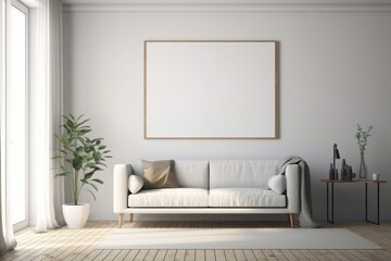 Minimalist Scandinavian living space featuring a white sofa, wooden floors, and mockup poster frame. Generative AI