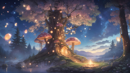 Tree with big mushroom around in magical world