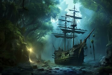 Discovery of a forest jungle pirate ship. Generative AI