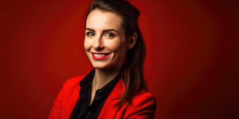 Happy Woman in a Red Suit on a Dark Red Background, copy space. Stylish Confident Attractive Businesswoman in a Red Jacket, smiling, look in camera. 25 - 30 year old Female
