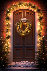 Fototapeta na wymiar Christmas wreath of fir branches hanging on the door