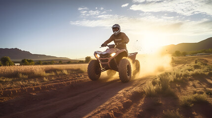 Man riding atv vehicle on offroad track. Quad bike riders in the desert at sunset, extreme sport activities theme. - obrazy, fototapety, plakaty