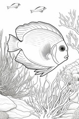 coloring page of a Blue Tang fish under the sea in a line art hand drawn style for kids