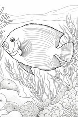 coloring page of a Blue Tang fish under the sea in a line art hand drawn style for kids