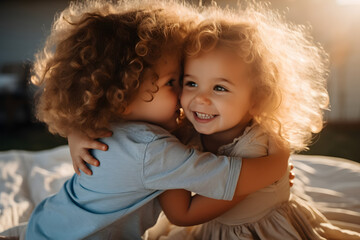 Cute two little baby girl with curly brown hair hugs each other while playing - obrazy, fototapety, plakaty