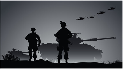 Fototapeta na wymiar Soldiers on the performance of the combat mission, silhouette of soldiers are fighting in the battlefield vector illustration