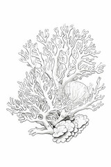 coloring page of a coral reef in a line art hand drawn style for kids